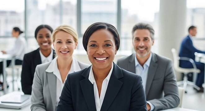 Diverse business team smiling looking forward success professionalism