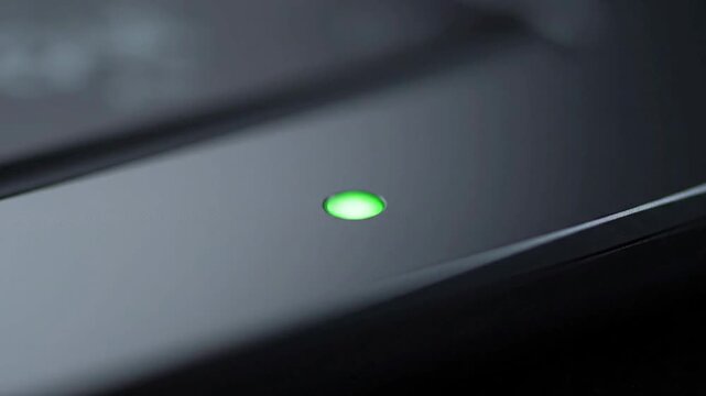 Laptop power button with green indicator light turned on.