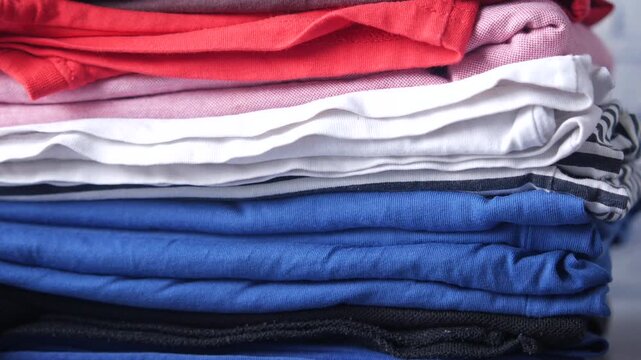 Stack of colorful neatly folded cotton t-shirts in various vibrant colors