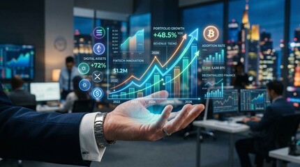 Fototapeta premium Business professional holding a digital interface displaying financial growth graphs and cryptocurrency icons in a modern office setting