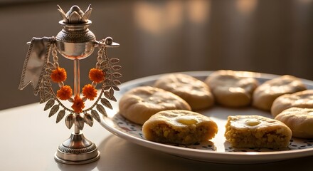 Indian Puran Poli Sweets and Silver Religious Idol