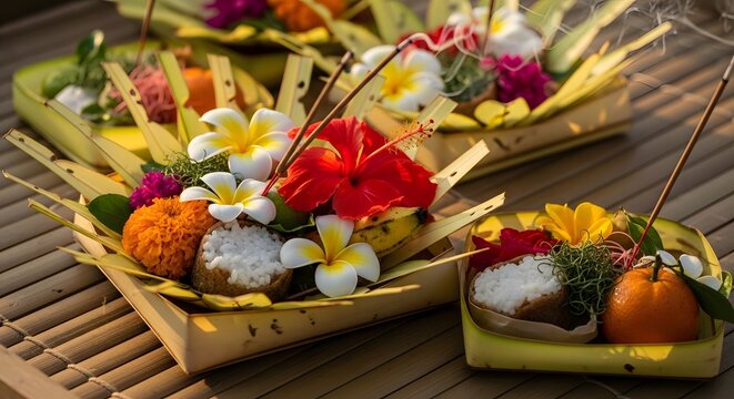 Traditional Balinese Hindu Offerings On Bamboo Surface