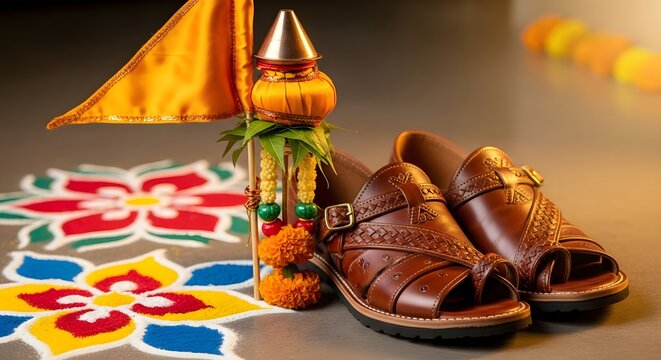 Kolhapuri Chappals Beside Traditional Gudi And Rangoli