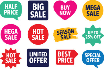 Colorful retail flash sale badge set with urgent promotional text for e-commerce website banners and online shopping discount advertising campaigns