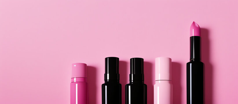 "Panoramic cosmetic banner with negative space on the left. Luxury products on the bottom edge, pastel pink background."