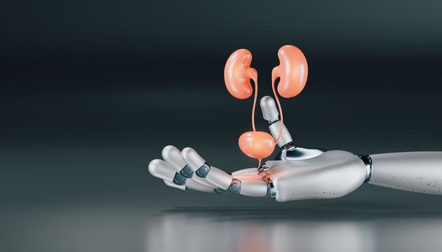 Medical technology concept. A robotic hand presents the female urinary system in 3D rendering. Innovation in urogynecology, digital cystoscopy, and AI-assisted detection of urinary tract pathologies.