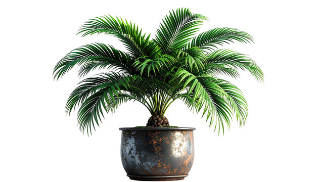 Vibrant palm-like plant in weathered, rusted pot against black background