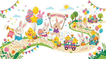 Obraz premium Colorful Easter scene with cartoon bunnies and eggs on a winding path with balloons and banners on a white background with a festive mood.