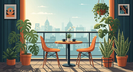 Fototapeta premium Cozy balcony with orange chairs small table and lush green plants overlooking city skyline on sunny day