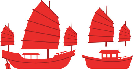 Traditional Chinese Junk Sailboat Silhouette Asian Sailing Ship Maritime Vector Illustration © MdAkramul