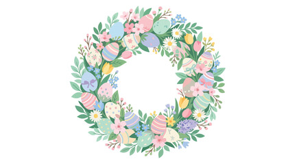 Easter-themed floral wreath with colorful eggs and flowers on a white background.