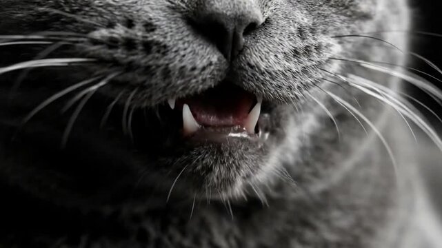 Close-up of a gray cat's face with bared teeth and whiskers.