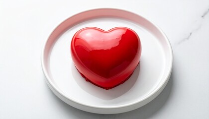Heart-shaped red dessert on a white plate, close-up view.