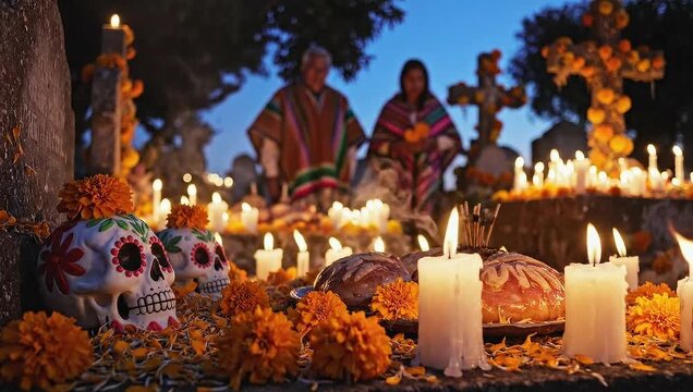 Mexican couple celebrating D&iacute;a de los Muertos at candlelit altar  