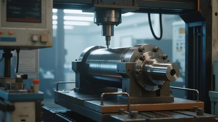 Fototapeta premium Industrial CNC machine processing a metal component in a manufacturing facility