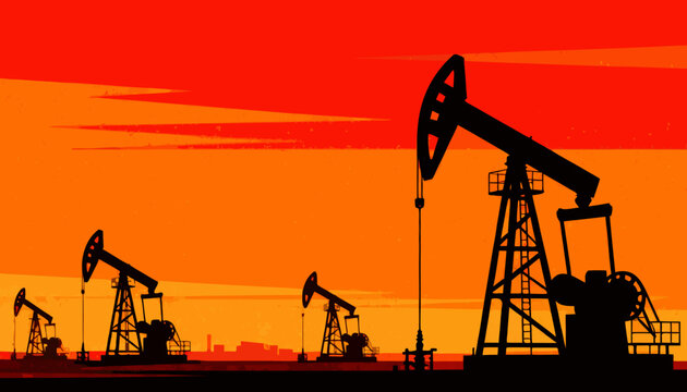 Silhouettes of Oil Pump Jacks Extracting Petroleum Against a Dramatic Orange Sunset Sky