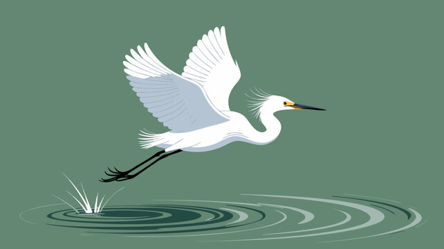 Minimalist vector illustration of a white egret bird taking flight from the water surface