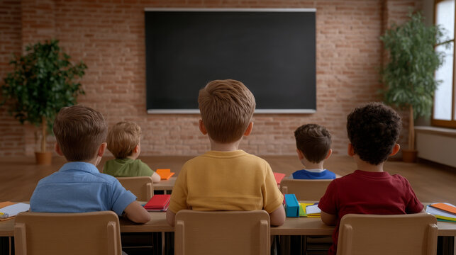 Rear view of diverse children sitting in classroom, focused on blackboard, learning together
