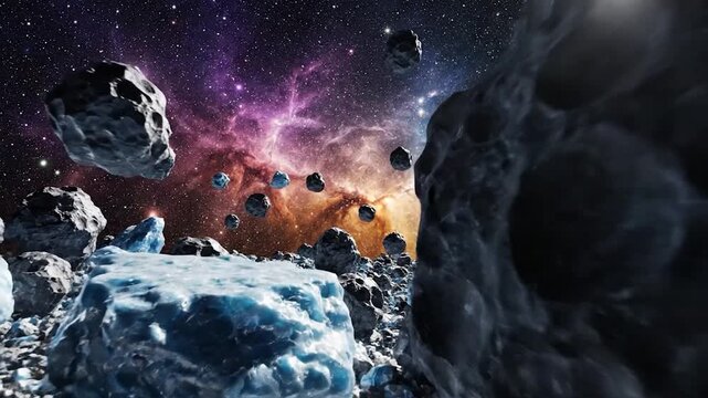Numerous asteroids and space s drift through a vibrant nebula in deep space.
