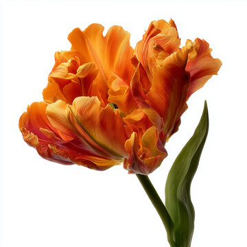 Vibrant orange tulip flower with ruffled petals and green stem  