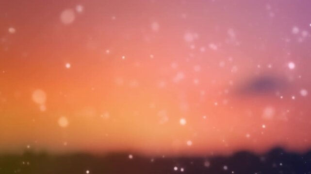 A serene sunset landscape with sparkling lights and silhouetted trees in the distance, viewed from a serene vantage point at dusk