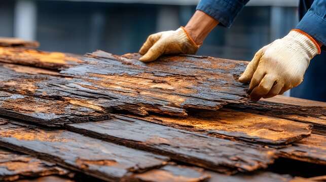 Hands Lifting Decayed And Weathered Wooden Planks From Old Structure