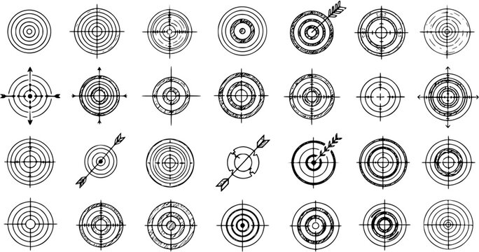 Black and White Line Art Targets and Darts Icons Collection, Symbolizing Aim, Precision, and Success in Business and Sports