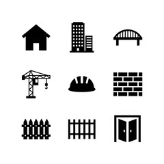 Obraz premium Construction icons set including buildings crane and safety equipment silhouette on transparent background