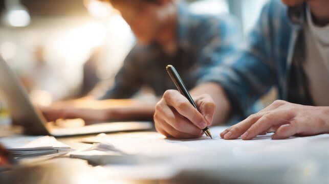 Graphic artists refining typography layouts for book interior on blurred background