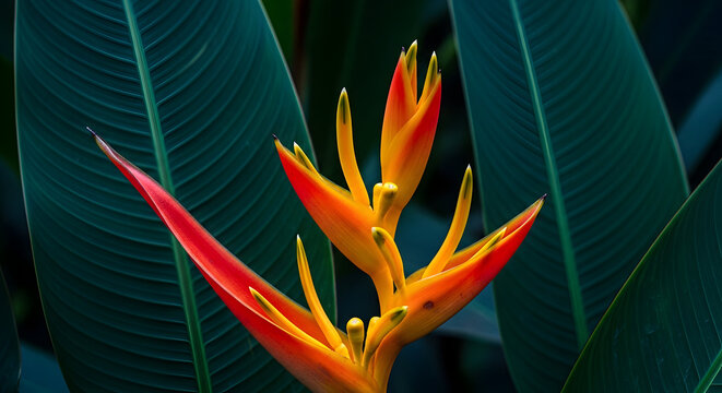 Vibrant orange and red parrot flower blooming amidst lush green tropical leaves in a natural exotic setting.