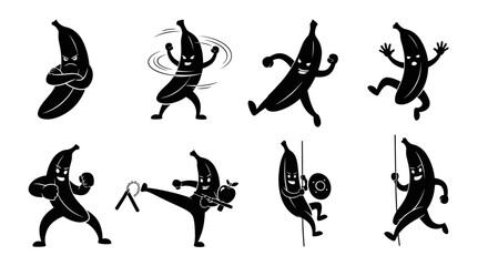 Anthropomorphic bananas in dynamic poses a playful silhouette on transparent background © Hridoy