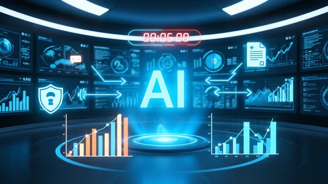 Futuristic AI technology showcasing data analytics and security systems on a digital interface