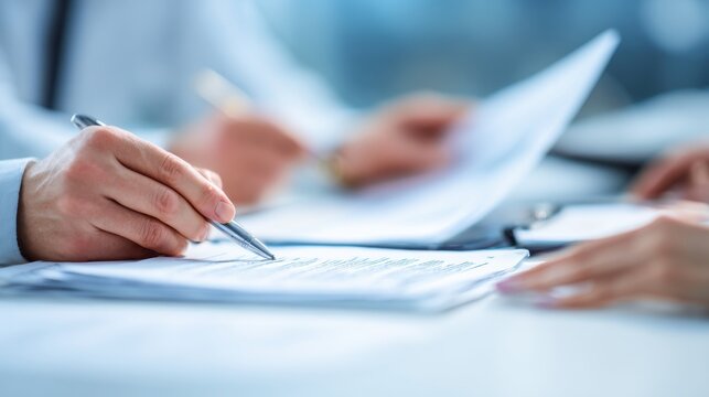 Credit department staff reviewing loan applications on blurred background