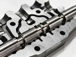 Detailed view of hydraulic valve components highlighting sectional cuts and internal mechanisms in...