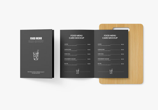 Food Menu Card Mockup with wooden Background