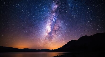 Naklejka premium Milky way galaxy over a serene lake at dusk