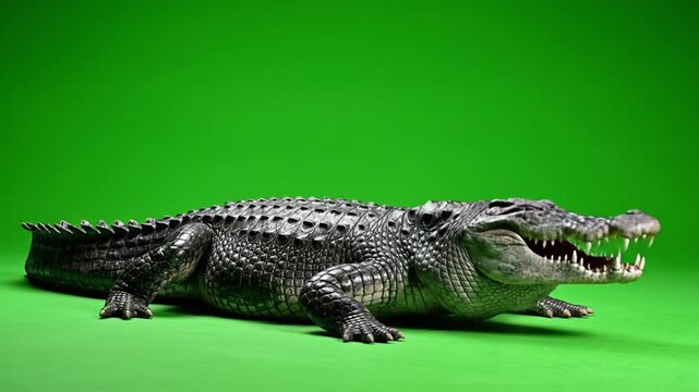 A realistic 3D render of a large alligator with its mouth open, showcasing its sharp teeth, against a vibrant green background.