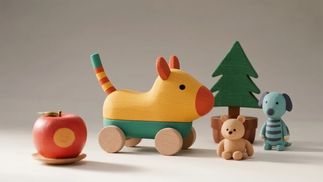 Colorful wooden toys including a pull-along animal, stuffed bear, dog figure, tree, and apple on a neutral background