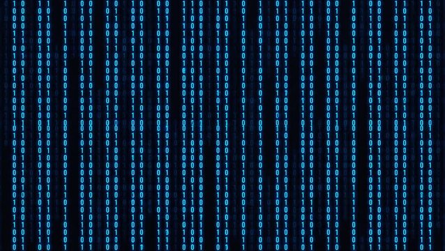 Digital Data Stream: Blue Glowing Binary Code Falling on Black Background, Technology Concept