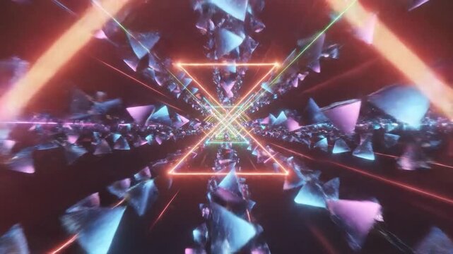 Abstract futuristic tunnel with glowing neon lines and crystalline shards