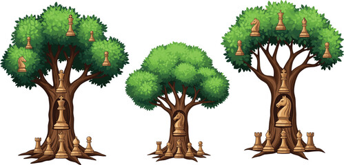 Fantasy trees decorated with chess pieces, creative surreal nature vector illustration, unique concept artwork design for strategy, imagination, abstract magical themes © MdAftab