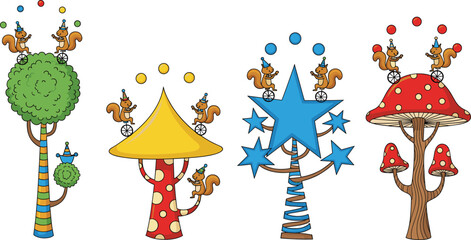 Funny squirrel illustration juggling balls, riding unicycles, standing on creative cartoon trees with stars, mushrooms, circus theme, playful design, vector © MdAftab