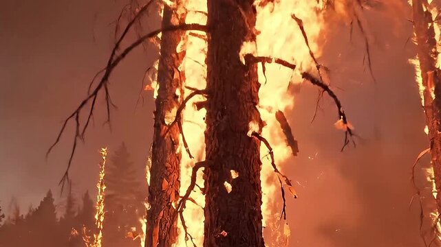 A powerful and dramatic scene unfolds as a massive forest fire rages, consuming a vast woodland area. Towering trees are fully engulfed in intense, bright orange and red flames, creating a fierce glow