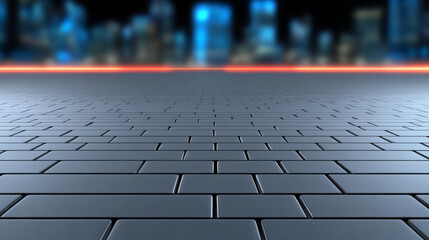 Obraz premium Glowing city lights reflect on wet brick road, futuristic urban nightscape, calm atmosphere