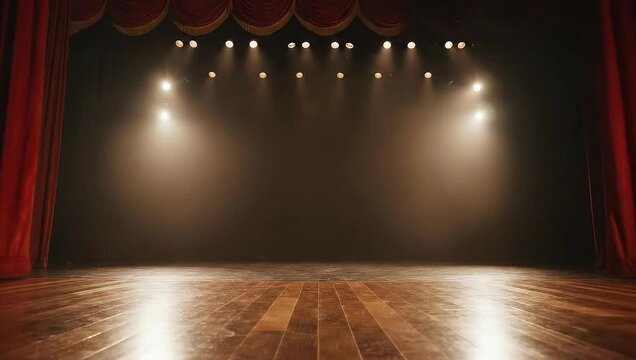 Stage with spotlight in theater setting and red curtains  