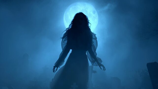 A ghostly banshee woman floating in the air above an old graveyard, her dark flowing dress and long hair drifting in the night wind. A bright full moon glows behind her, creating a luminous halo 