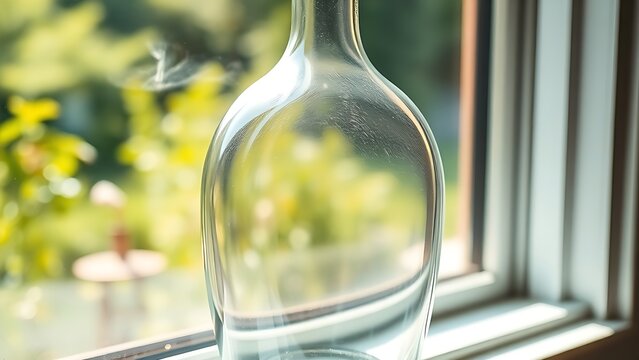 demijohn. A glass demijohn on a windowsill refracting a sunlit garden view. bar promotions, beverage menus, designed for food & beverage menus and cafe branding, used by ui designers.
