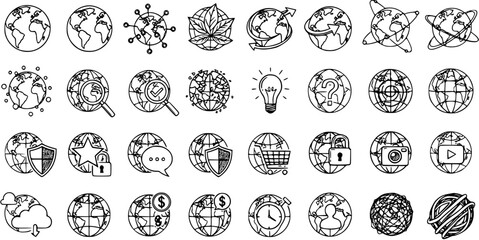 Black and White Line Art Global Technology, Internet, and Digital Business Icons with Earth and Globe Symbols