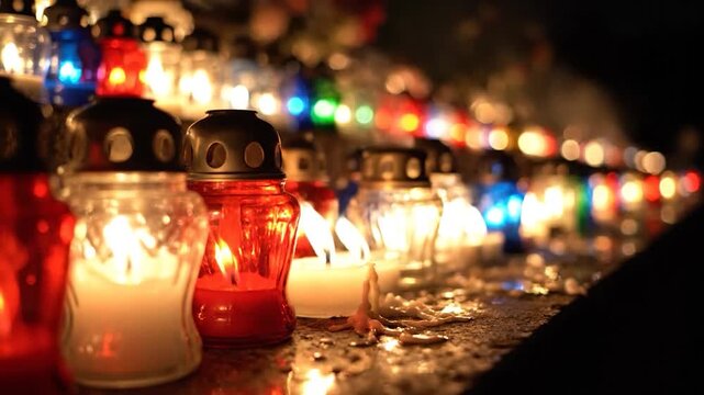 Many colorful candles glow brightly in glass holders during a solemn night event