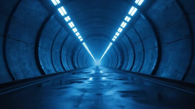 Futuristic blue tunnel corridor with glowing overhead lights and wet reflective floor